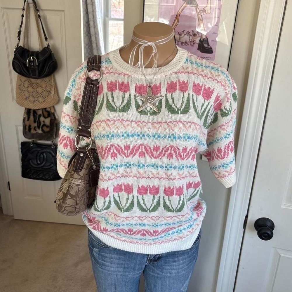Y2K 2000s floral Tulip Fair Isle Knit Sweater - Picture 6 of 6